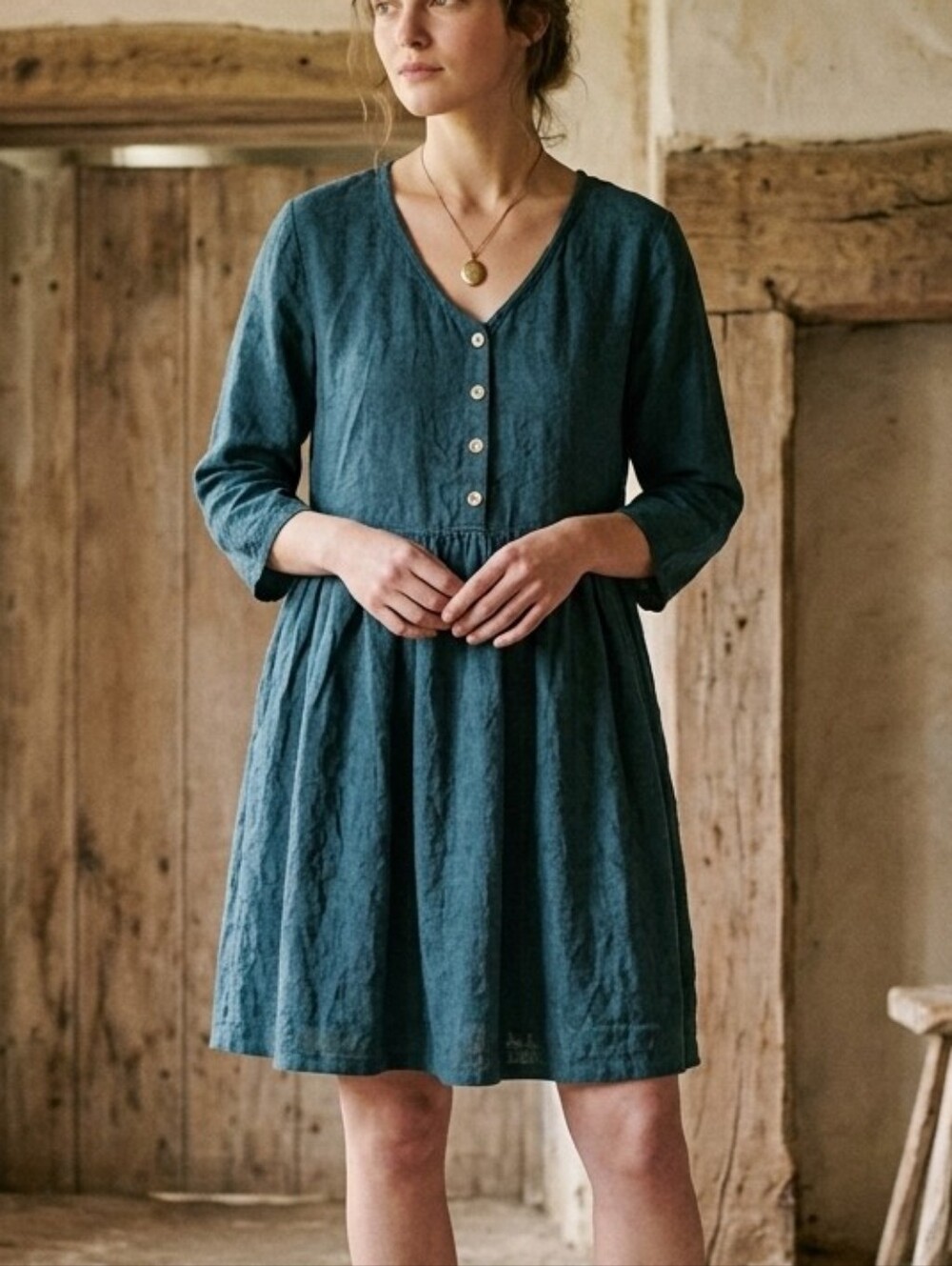 April Cornell Vintage 90s Teal Linen Empire Waist Dress Pockets Ties XL